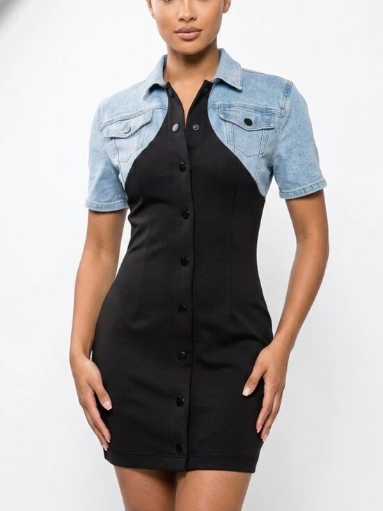 Fancy Dream Dresses & Skirts - Fancy Dream Mixed Media Denim Hybrid Mini Dress Black Button Front Y2K Grunge M